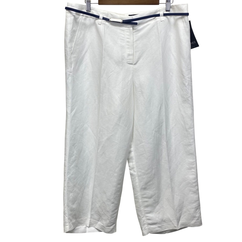 Jones New York White Linen Blend Wide Leg Cropped Pants with Belt Womens 14 NEW